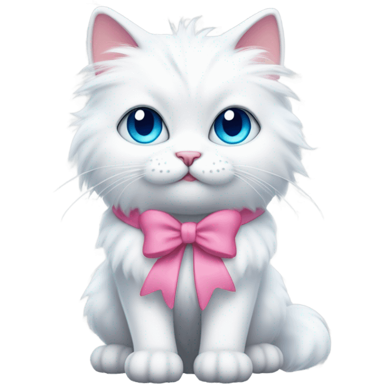 White fluffy cat with blue cute eyes with pink bow on top of the head on the right side (don’t make it just face, make the whole cat with fluffy tail) emoji