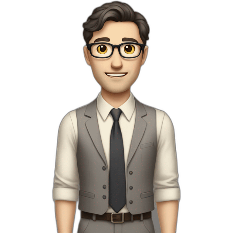 Full height Pale skinned Fit Man With dark brown hair in classic gray suit, beige office shirt, dark gray tie, and vintage glasses. Thrumbs of his palms directed up emoji