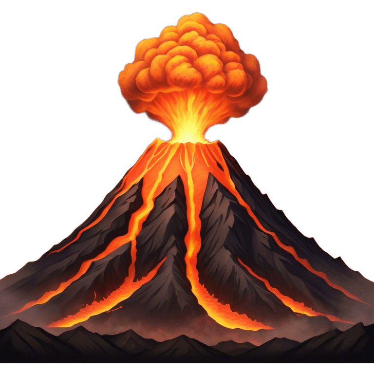 Cinematic Realistic Volcano Emoji, Powerful and awe-inspiring, with molten lava flowing from its jagged, smoking peak, casting an orange glow in the surrounding darkness. The landscape around it is barren and rocky, with clouds of ash rising into the sky. Soft glowing outline, capturing the essence of raw power and fiery energy in a towering volcano. emoji