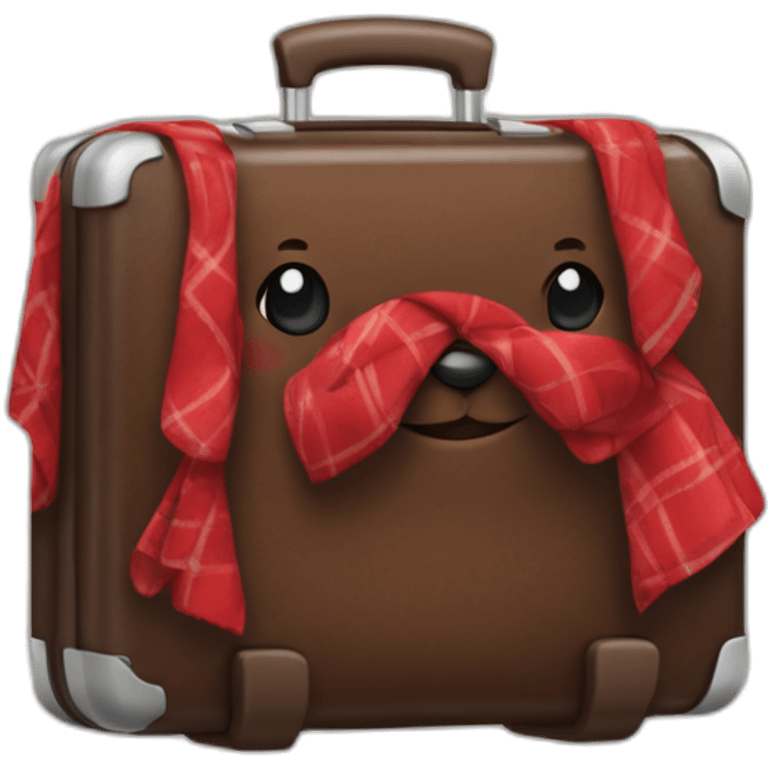 Chocolate colored doodle with wavy hair wearing a red and black flannel handkerchief with a carryon suitcase emoji