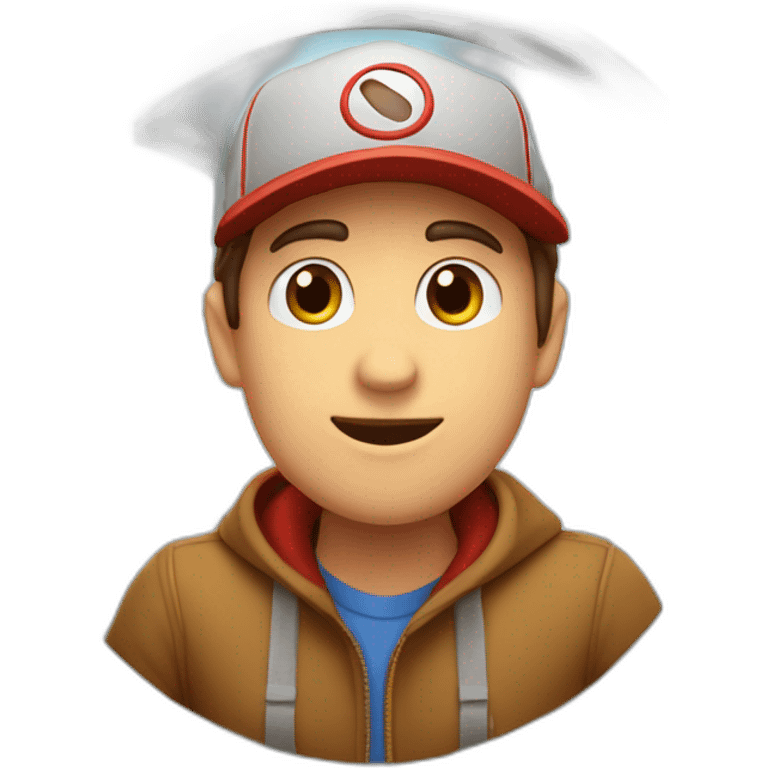 Guy with brown hair and short, eyes with a cap that is behind a circle window that try to exit with a hand on the top of cornice emoji