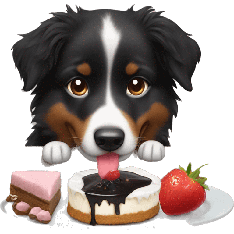 Small black australian shepherd dog eating dessert  emoji