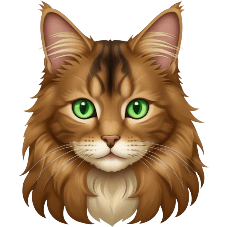 A light brown and black long haired Maine coon kitty with green eyes emoji