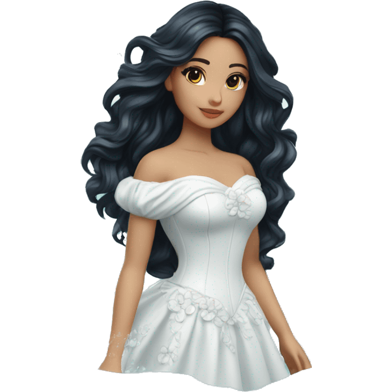 Pretty young Lady doll posing posed pose with long black hair flowers in hair white dress surrounded by flowing water water swirls waves emoji