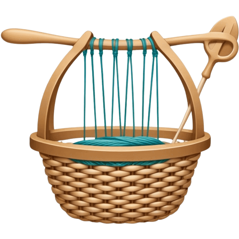 Weaving icon, various types of weaving such as basket weaving, macramé, and loom weaving, showing intertwined threads or ropes, weaving tools like shuttle, crochet hook, and loom, minimalistic style, clean lines, transparent background. emoji