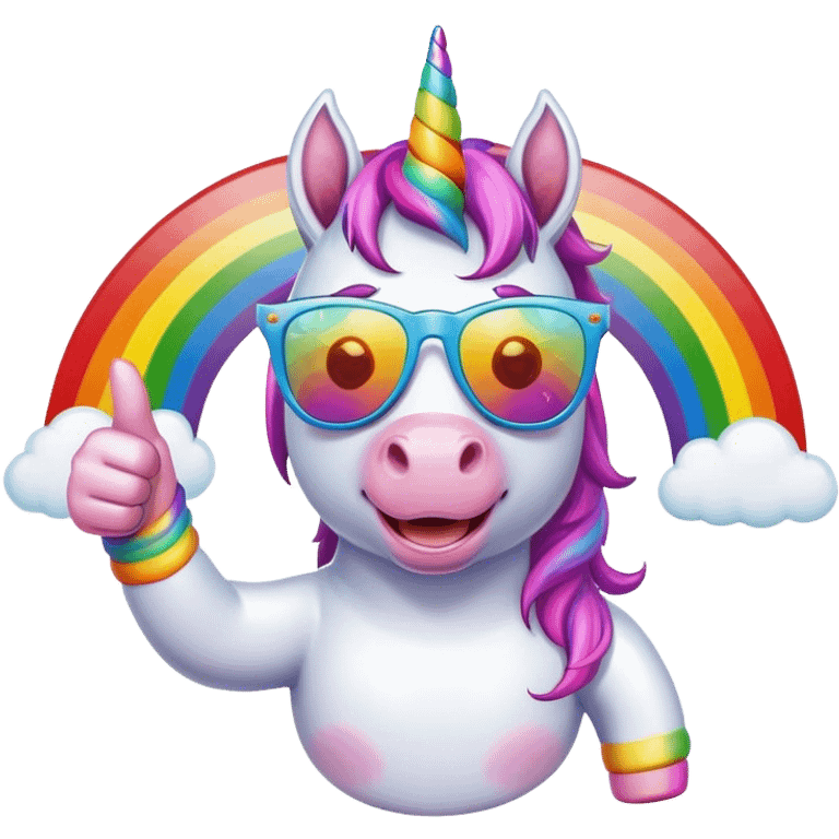 Unicorn with sunglasses on rainbow with thumbs up emoji