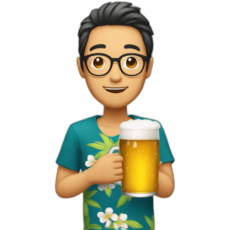 Japanese wearing roundglasses alohashirt is holding beer emoji