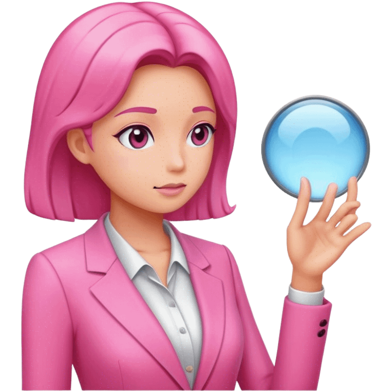 women in pink suit looking into filed glass emoji