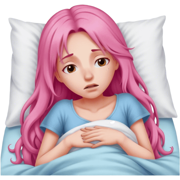 Young Woman with long pink hair In bed with sinus pain  emoji