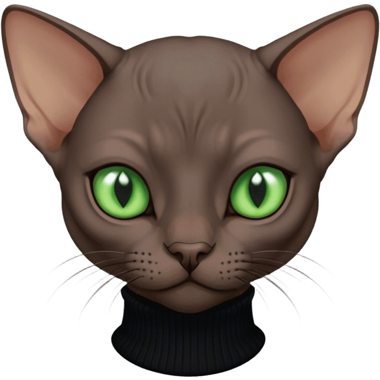 black and dark brown color sphinx cat with green eyes wearing a black turtleneck sweater emoji