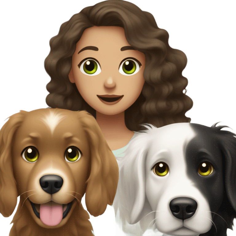 Girl with brown hair and green brown eyes next to a black golden retriever and épagneul breton black and White  emoji