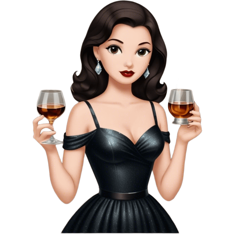 Beautiful woman in 1950’s woman fashion look, black shimmery dress, long dark brown hair, whisky with ice emoji