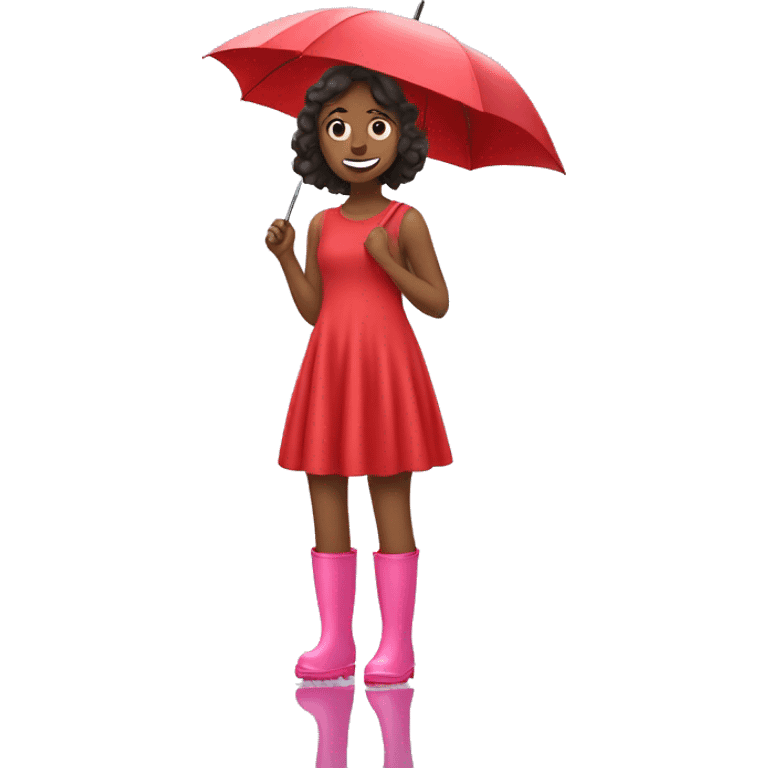 Girl in red wide dress and pink rainboots in rain emoji