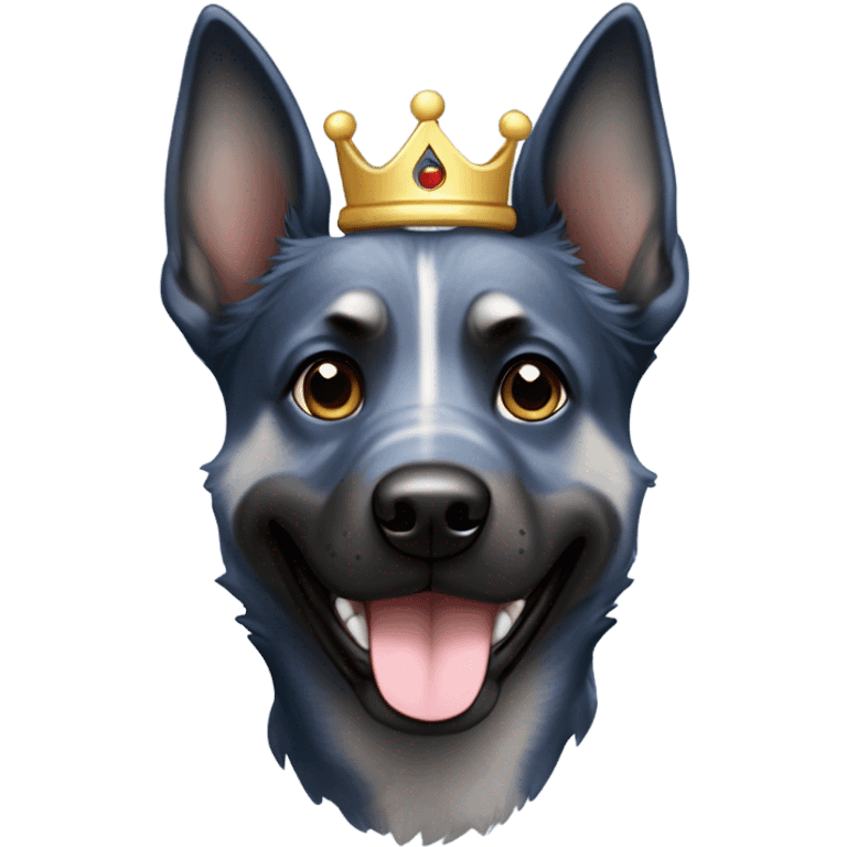 A smiling malinois dark blue merle without red color with a crown on his head emoji