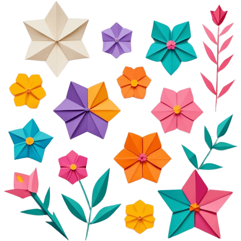 Paper crafting icon, various paper crafts like origami, paper flowers, and scrapbooking materials, visible tools, colorful paper patterns, minimalistic style, clean lines, transparent background. emoji