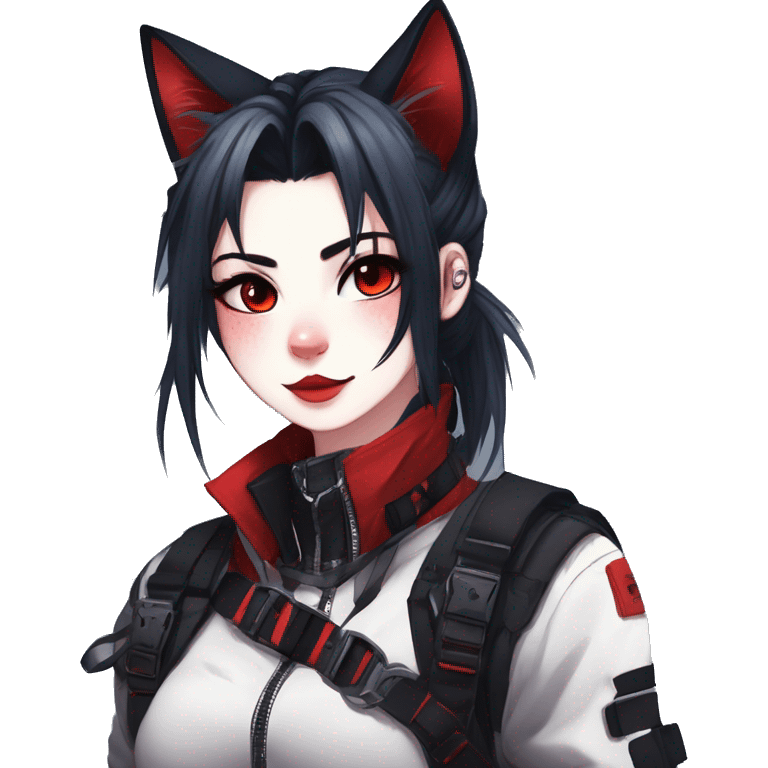 Gorgeous gothic dark techwear anime style anthro cat furry sona with blushing face aesthetic and pretty edgy black red punk messy ponytail hair with collar and harness trending style emoji