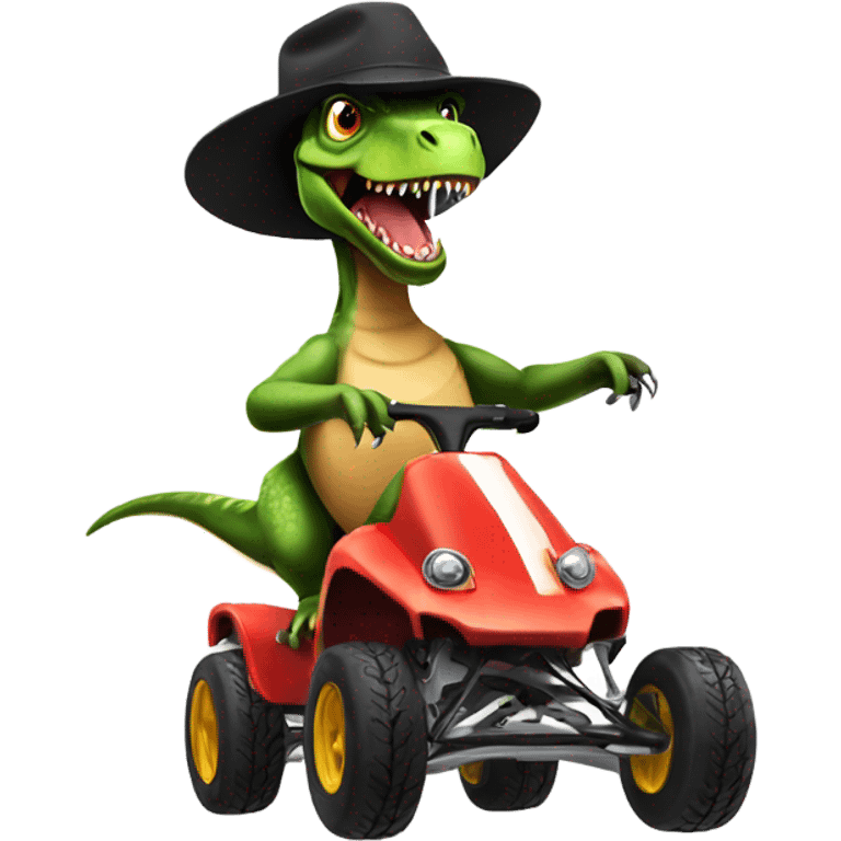 Trex riding a go cart with a cheifs hat emoji