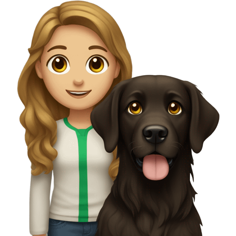 Girl with brown hair and green brown eyes next to a black golden retriever emoji