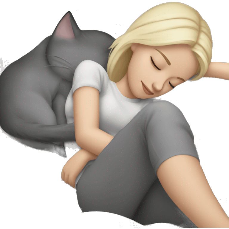 sleeping girl blonde hair laying on her side next to sleeping grey cat  emoji