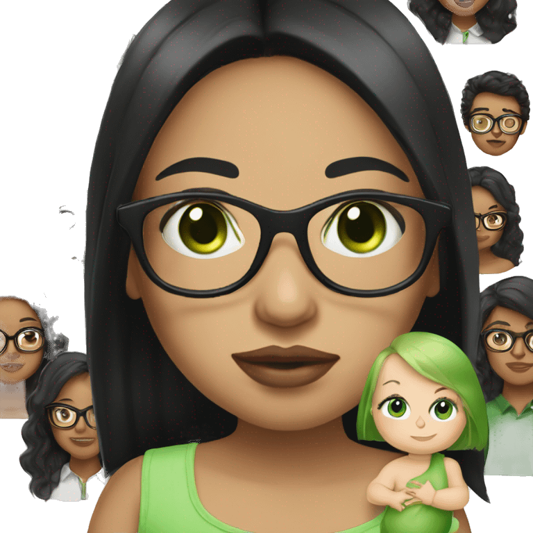 Black long straight hair, green eyes and glasses, big lips white girl holding one year old green eyes white baby boy emoji