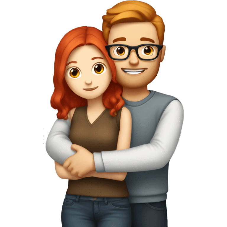 White girl with red hair hugging white guy with brown hair and glasses emoji