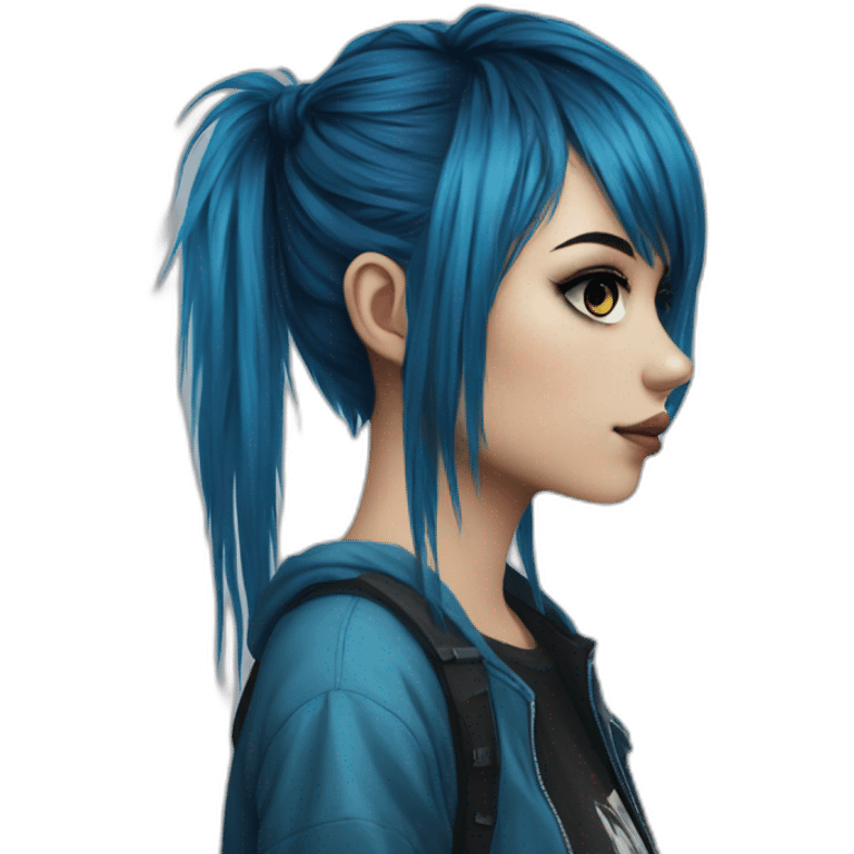 Side profile realistic emo girl, black makeup, long choppy blue hair side bangs emoji