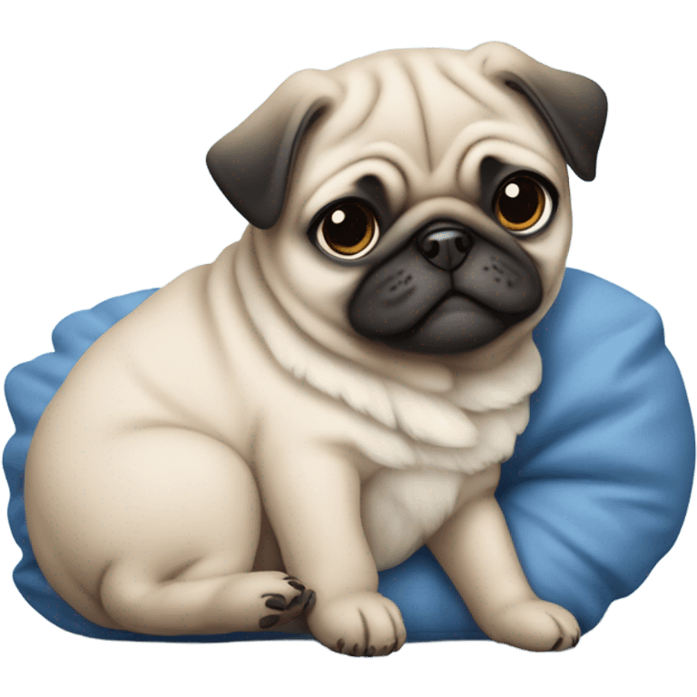 Baby pug with blue eyes sleeping on a blue cushion  emoji