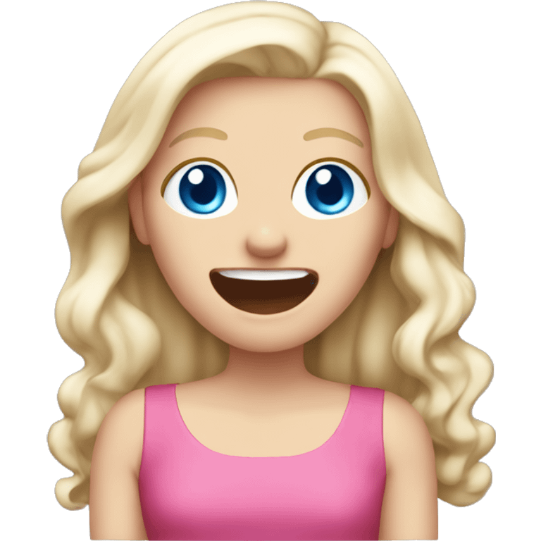 White girl. Long white blonde hair. Blue eyes. Pink dress. Hand in front of mouth laughing  emoji