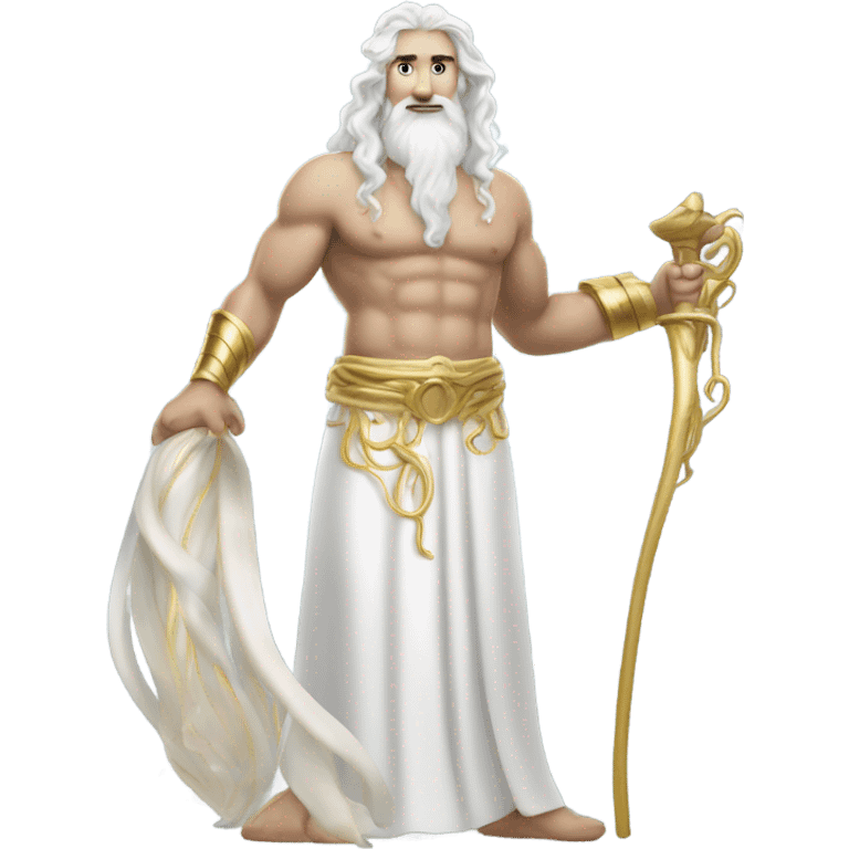 white man Poseidon. long white hair white dress. with gold hoses emoji