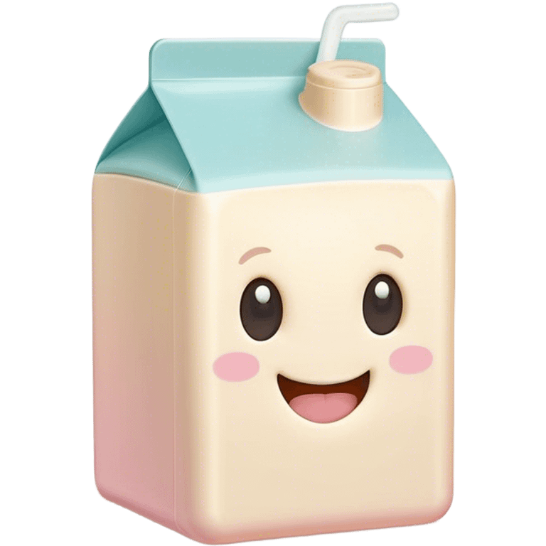 Cinematic adorable milk carton, soft pastel colors, tiny rounded edges, chubby smiling face, warm glowing highlights, gently tilting in a playful pose. emoji