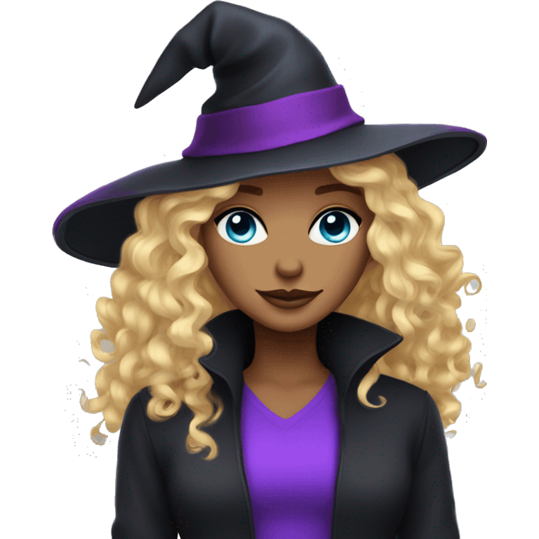 blonde curly hair blue eyes woman with purple witch hat and a black cat  emoji