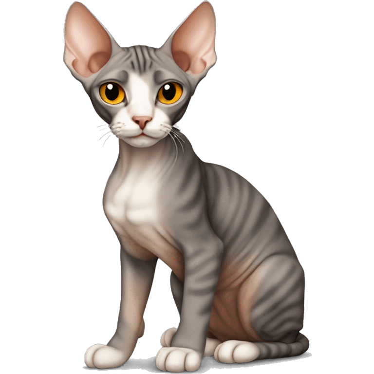 Sphynx cat , dark brown and gray tabby colour , orange nose , emoji