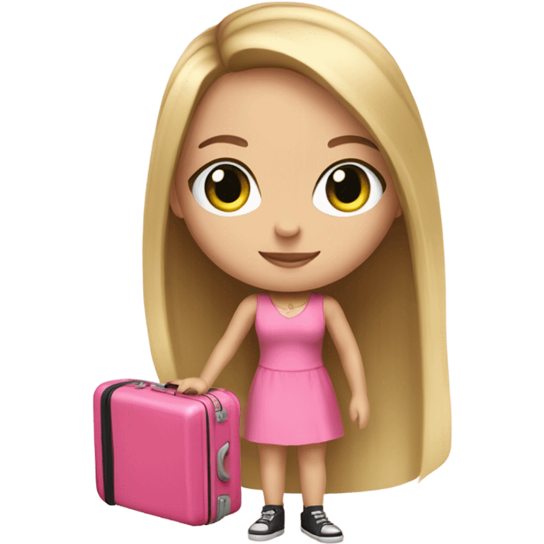 Realistic White girl with Long straight blonde hair and green eyes, tattoos, full body wearing pink dress, holding pink luggage emoji