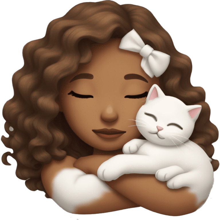 tanned girl brown wavy hair sleeping with white kitty emoji