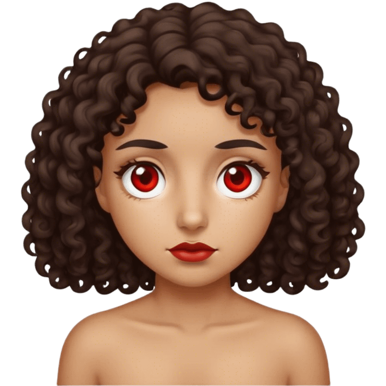 Right eye red swollen and blind on tan girl with dark curly hair with other eye being normal and brown emoji