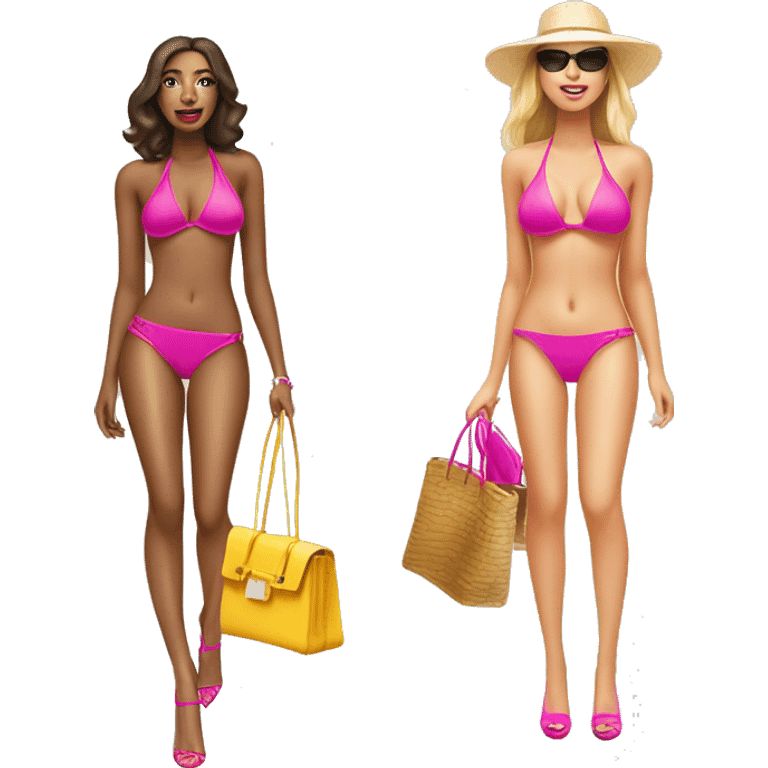 two women in bikinis with 6 inch hot pink heels and birkin bags emoji