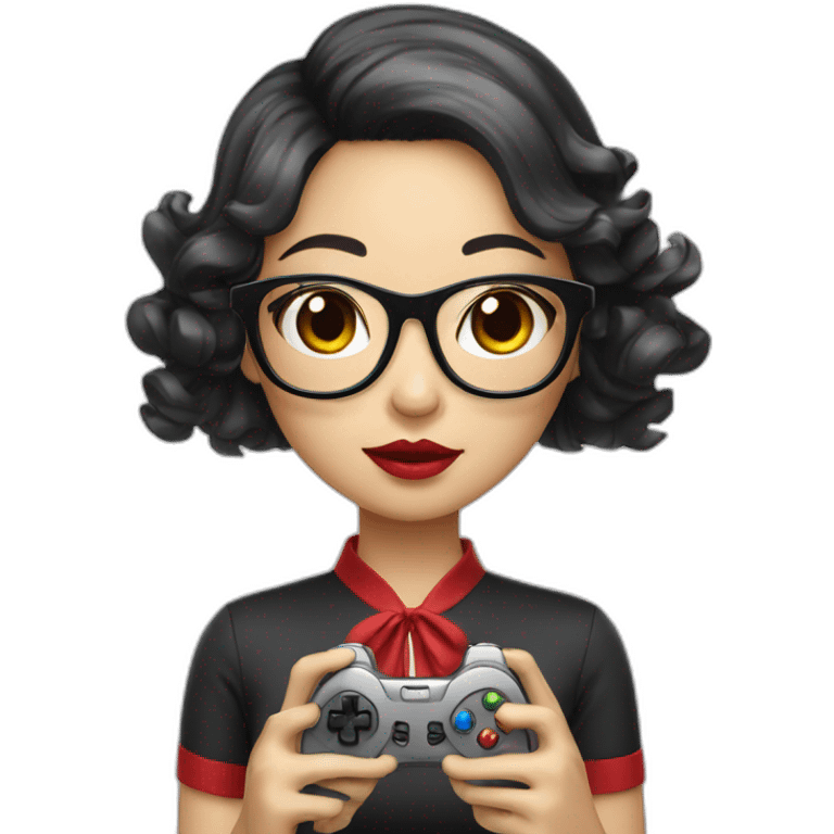 Asian girl with black wavy hair holding game controller wearing glasses red lips emoji