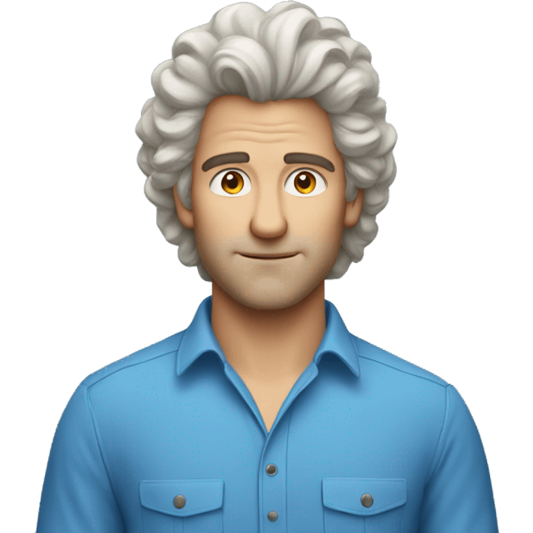 caucasian man in blue shirt with big hair emoji