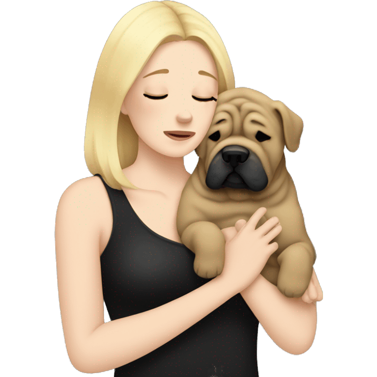 Blonde woman in black top crying and cuddling blue Shar Pei  emoji