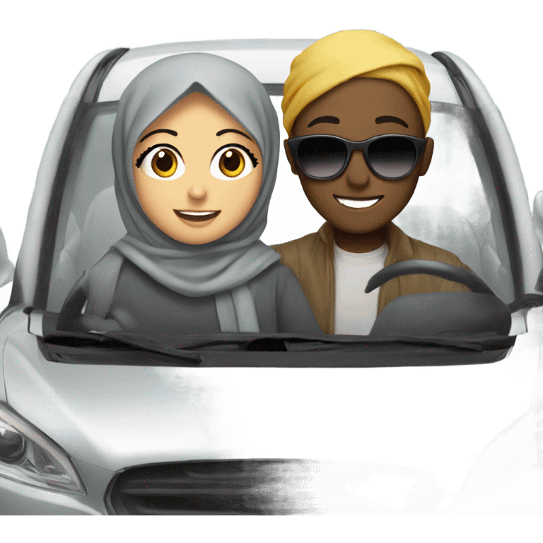 One girl wearing hijab and one boy with sunglasses smiling in car emoji