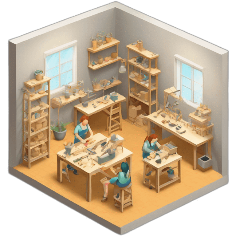 isometric square transparent solid outline border containing indoor creative workshop handmade factory people actively working emoji