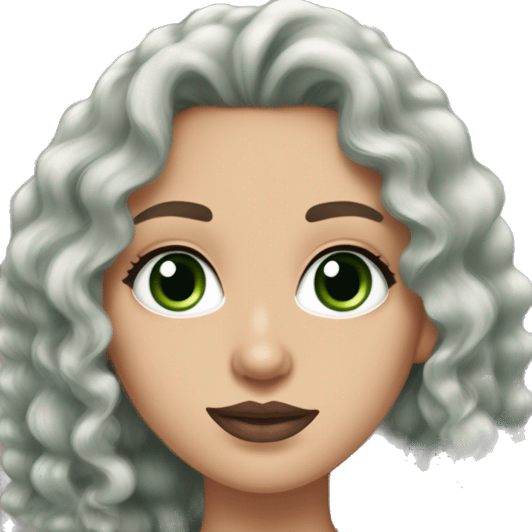 white girl, green eyes, BLACk long curly/wavy hair, cute earrings, green v-neck top, mascara mauve lipstick emoji