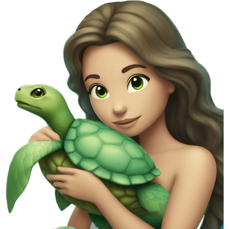 light brunette mermaid with green eyes, cuddling a turtle emoji