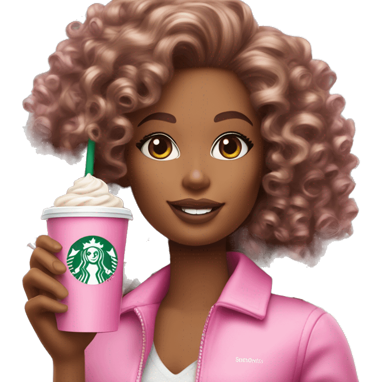 Barbie girl with curly hair holding Pink starbucks refresher emoji