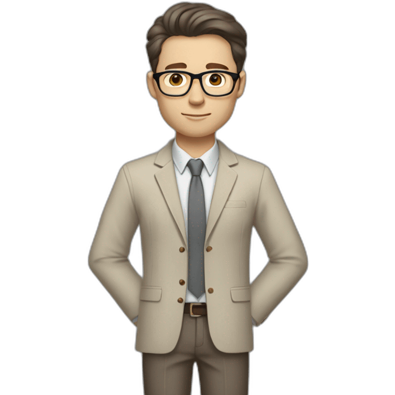 Full height Gesticulating Pale skinned fit man with dark brown hair in gray jacket, beige office shirt, brown tie, brown pants and vintage glasses. emoji