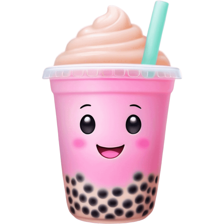 Cinematic pastel-colored bubble tea, chubby cup with a smiling face, tiny black tapioca pearls peeking out, soft glowing background, playful and adorable. emoji