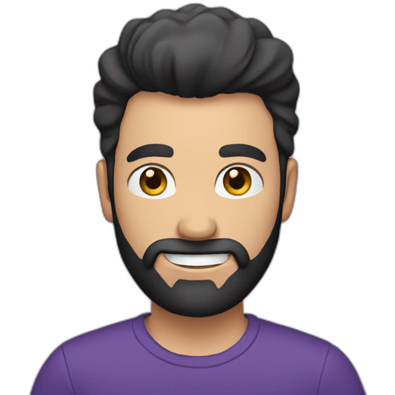 a white man with a black beard, pointing the camera with his index finger, he wears a purple tshirt, smiling,he has a modern haircut emoji