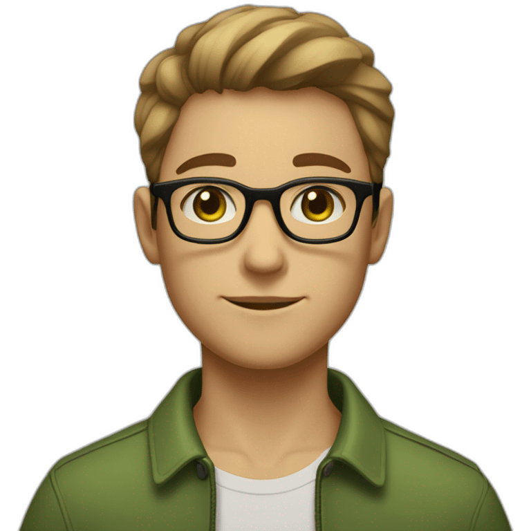 a boy with light brown hair, short on the sides and a little longer on top, round black glasses, a short but still visible beard. green eyes and hump on the nose. emoji