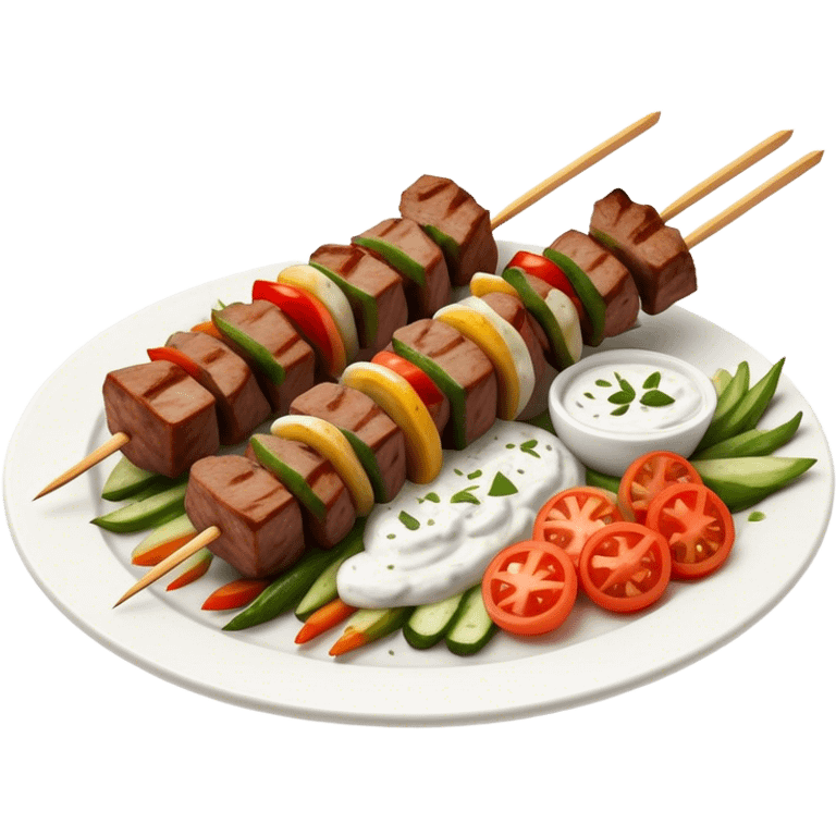 Cinematic Realistic Souvlaki Dish Emoji, showcasing skewered, grilled meat with Mediterranean spices rendered with dynamic textures and warm, appetizing lighting. emoji