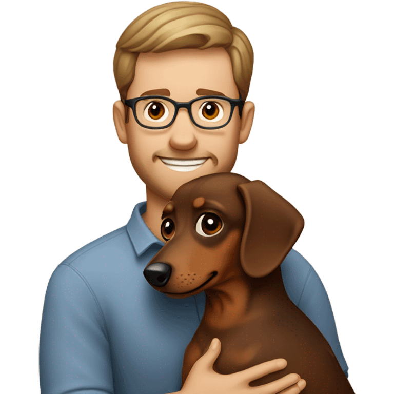 curled short hair Man wearing eyeglass hugging a brown haired daschund emoji